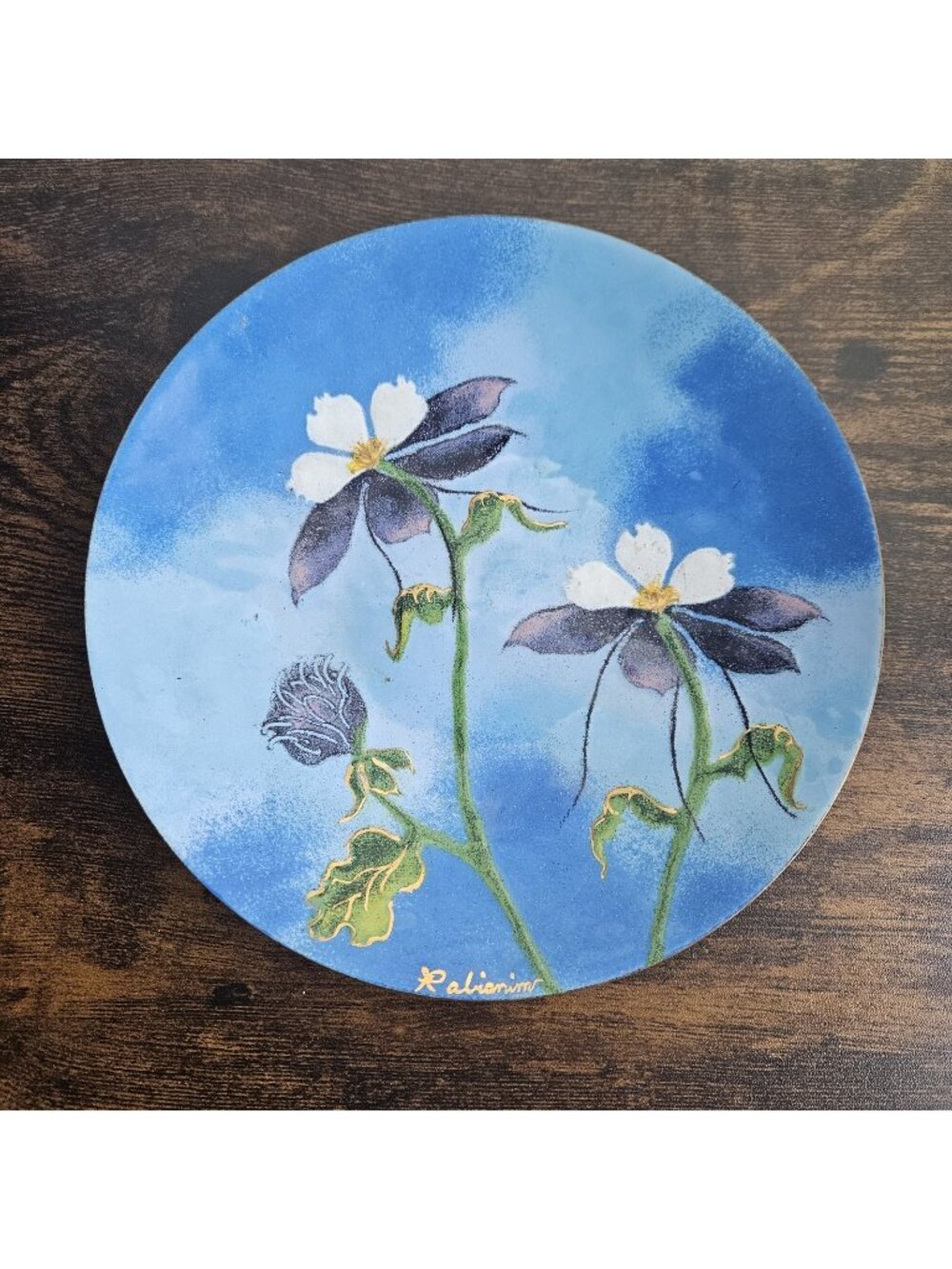 Rabianim Signed Copper Enamel Plate Columbine Flower Denver Colorado 6"